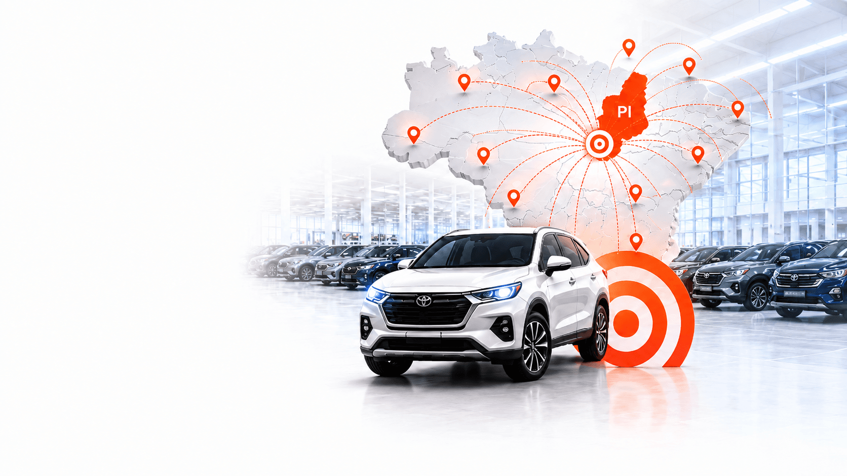 Mapa do Brasil conectado a compradores, carro em destaque e indicadores de leilões Carhoo.