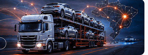 Caminhão cegonha transportando carros em uma estrada noturna conectada ao mapa do Brasil.